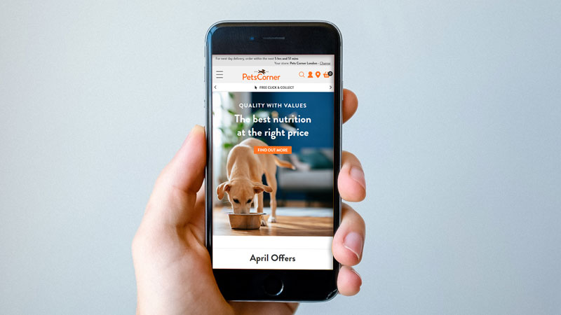 Pets Corner ecommerce website on phone