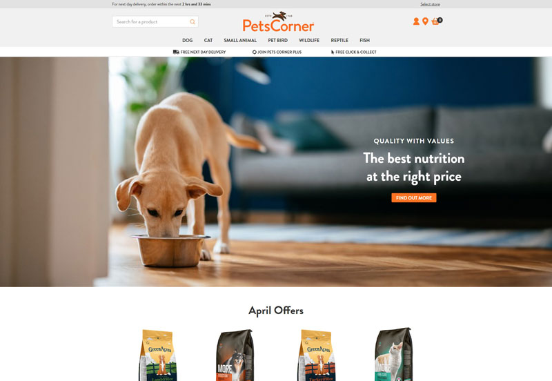 Pets Corner ecommerce site homepage