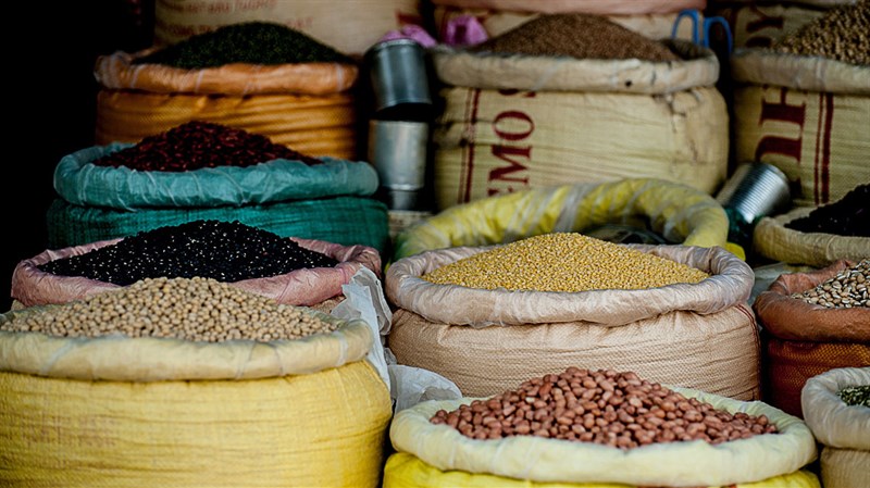 Bags of beans in a bazaar