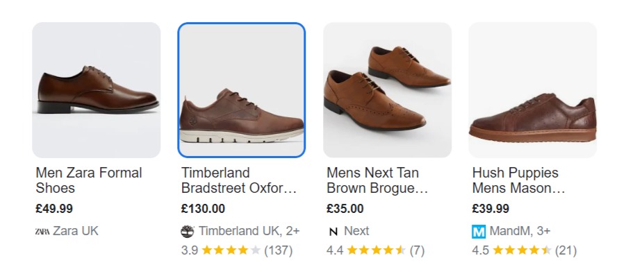 Search results screen for 'buy men's brown shoes' query